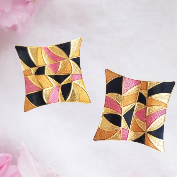 Vintage Gold Metallic Enamel Pierced Post Earrings - Picture 4 of 15